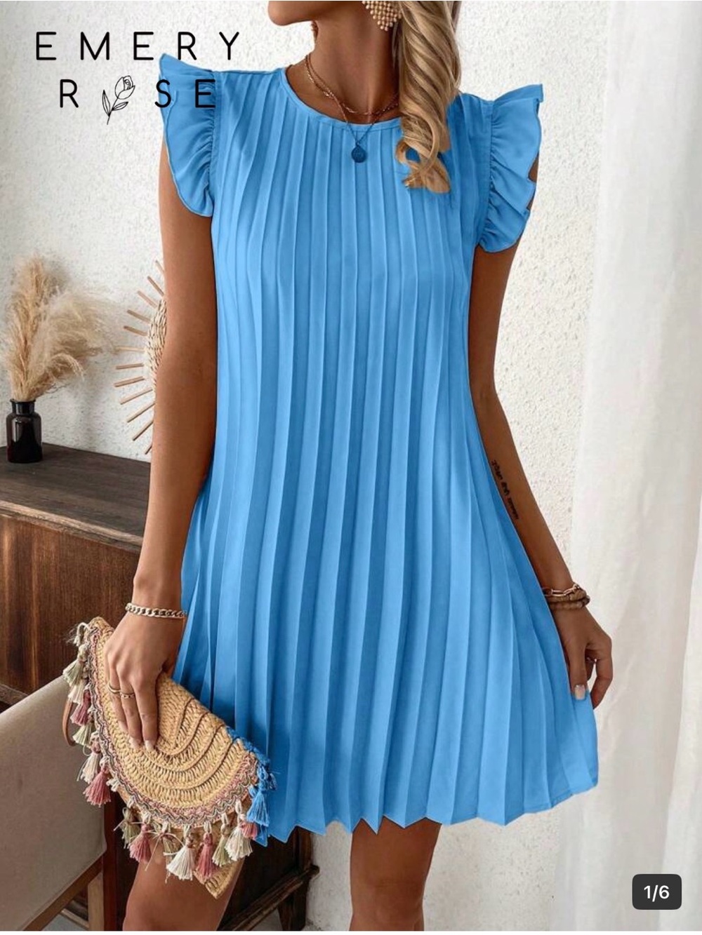 Sky Blue Ruffle Sleeve Pleated Dress